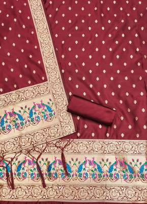 Maroon soft silk blend silk pure zari woven dress material 4