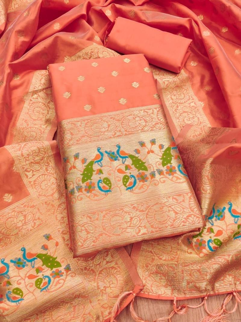 Orange soft banarasi silk pure zari woven design dress material
