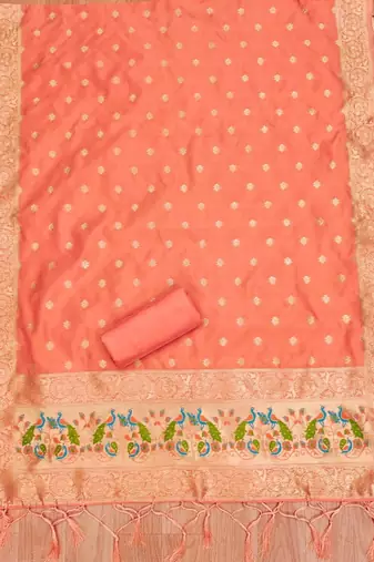 Orange soft silk blend silk pure zari woven dress material