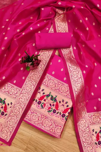 Pink soft banarasi silk pure zari woven design dress material