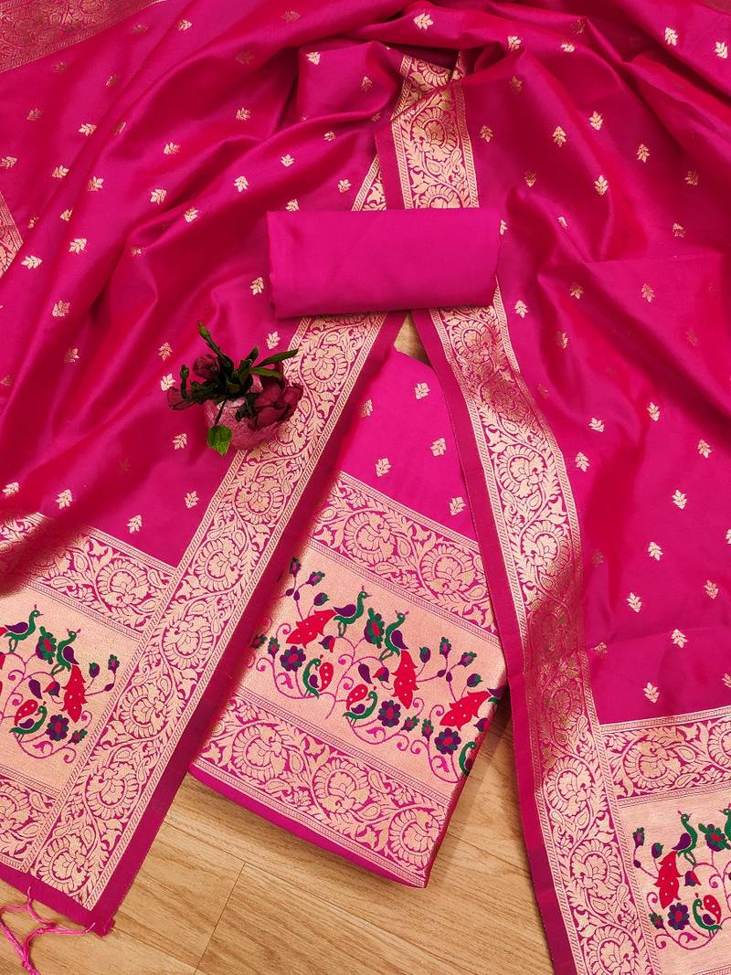 Pink soft banarasi silk pure zari woven design dress material