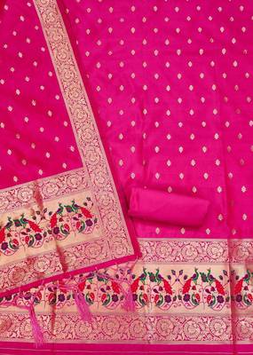 Pink soft silk blend silk pure zari woven dress material 2