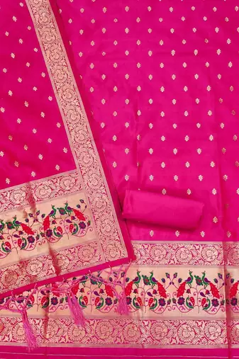Pink soft silk blend silk pure zari woven dress material