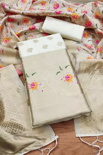 White soft silk blend silk pure zari woven dress material