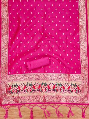 Pink soft silk blend silk pure zari woven dress material 4