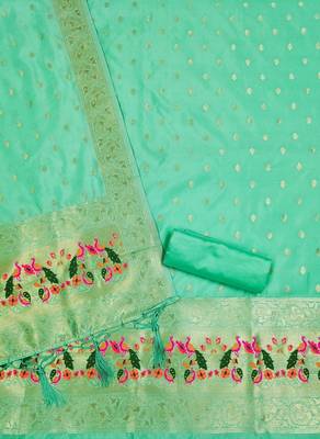 Sea green soft silk blend silk pure zari woven dress material 2