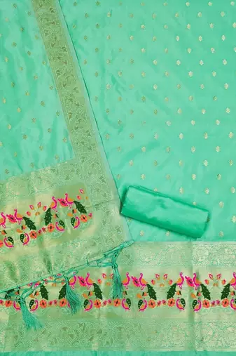 Sea green soft silk blend silk pure zari woven dress material