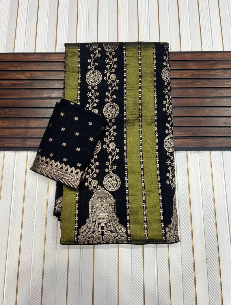 Black Color Jari Jaqurad Weaving Chhinya Tisu Silk Saree