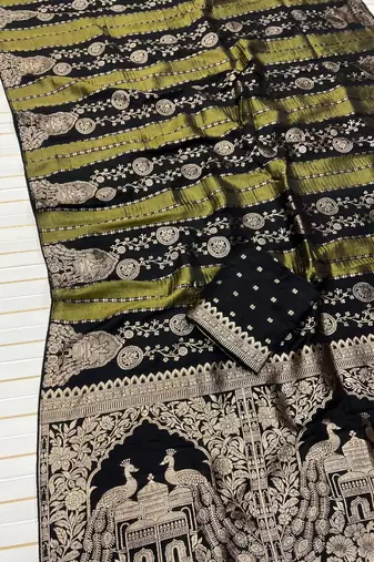 Black Color Jari Jaqurad Weaving Chhinya Tisu Silk Saree