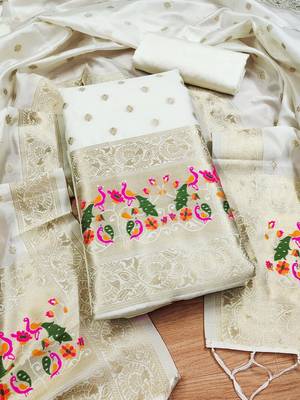 White soft silk blend silk pure zari woven dress material 1