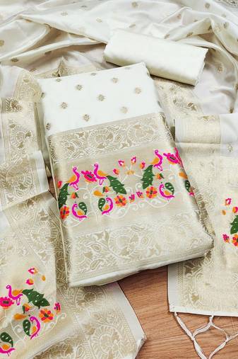 White soft banarasi silk pure zari woven design dress material