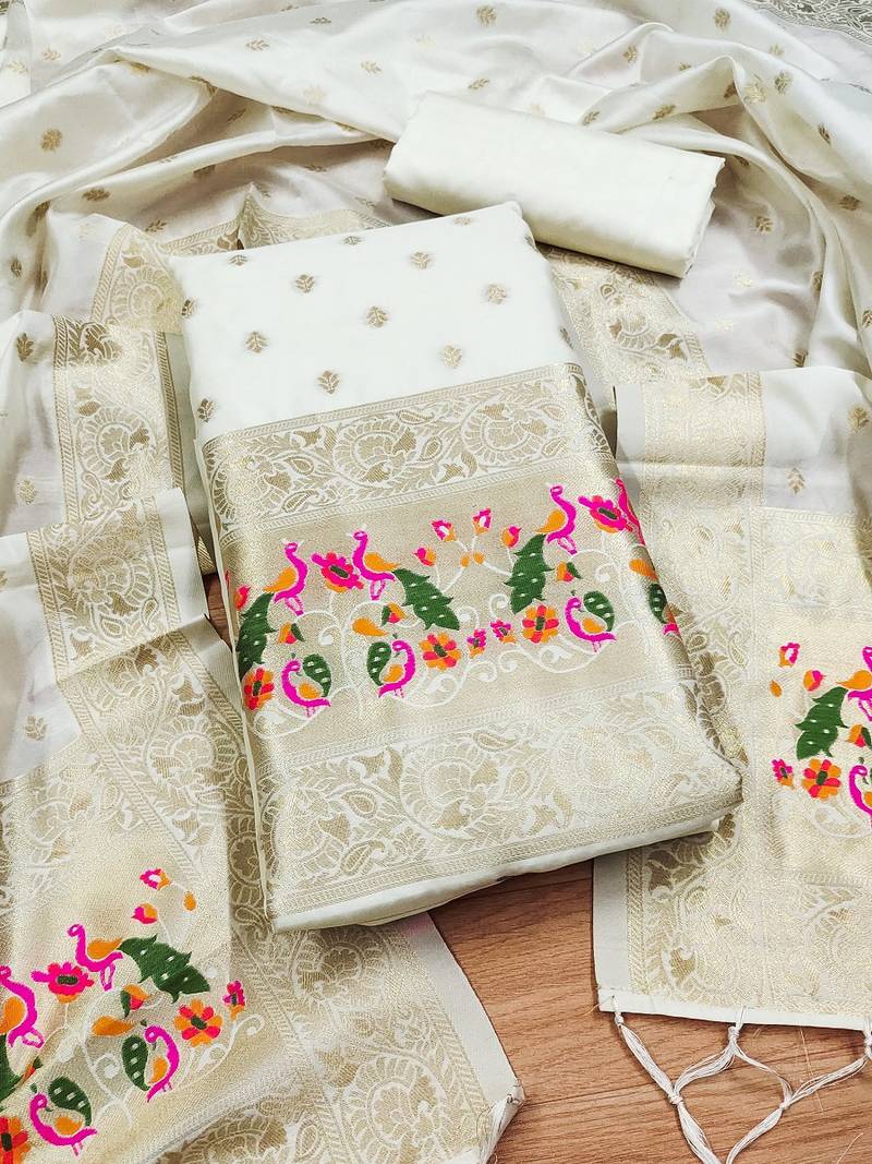 White soft banarasi silk pure zari woven design dress material