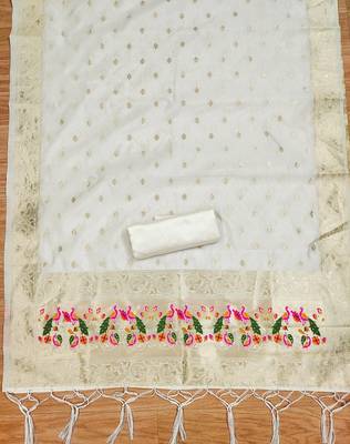 White soft silk blend silk pure zari woven dress material 2