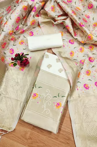 White soft silk blend silk pure zari woven dress material