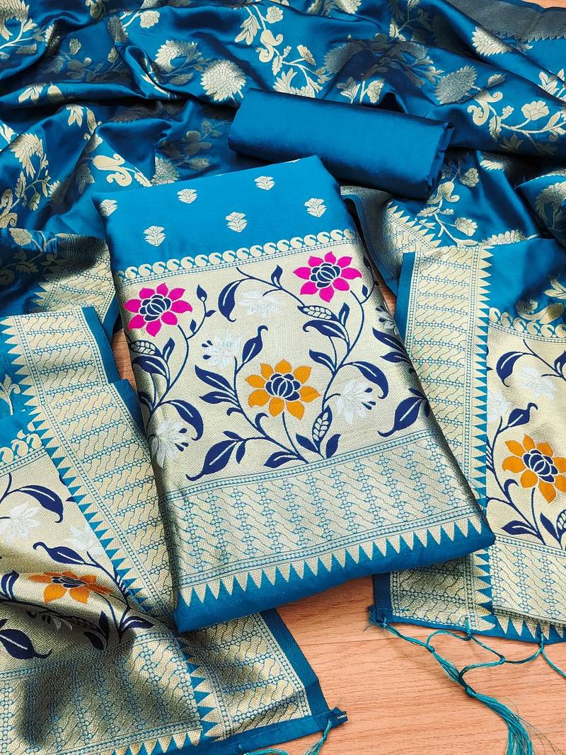 Sky blue soft banarasi silk pure zari woven design dress material