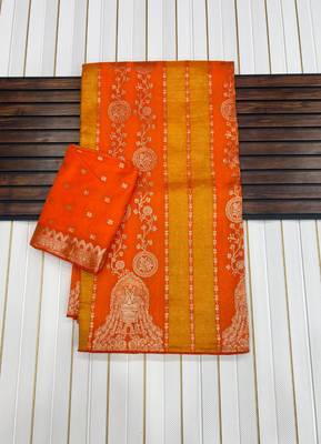 Orange Color Jari Jaqurad Weaving Chhinya Tisu Silk Blend Saree 1