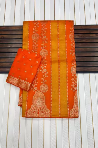 Orange Color Jari Jaqurad Weaving Chhinya Tisu Silk Blend Saree