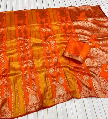 Orange Color Jari Jaqurad Weaving Chhinya Tisu Silk Blend Saree 2