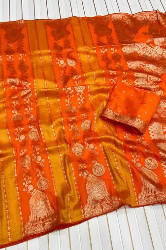 Orange Color Jari Jaqurad Weaving Chhinya Tisu Silk Blend Saree
