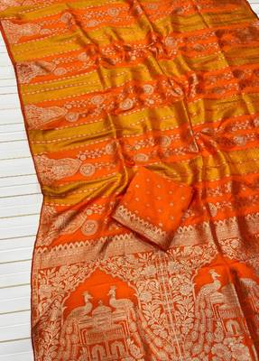 Orange Color Jari Jaqurad Weaving Chhinya Tisu Silk Blend Saree 3