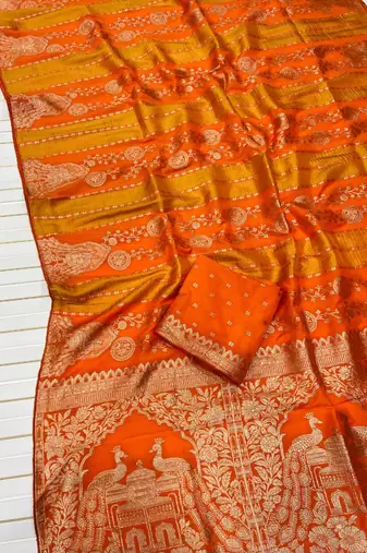 Orange Color Jari Jaqurad Weaving Chhinya Tisu Silk Blend Saree