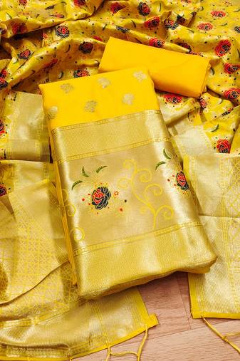 Yellow soft banarasi silk pure zari woven design dress material