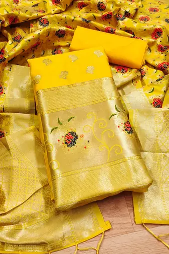 Yellow soft banarasi silk pure zari woven design dress material
