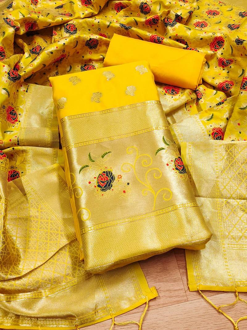 Yellow soft banarasi silk pure zari woven design dress material