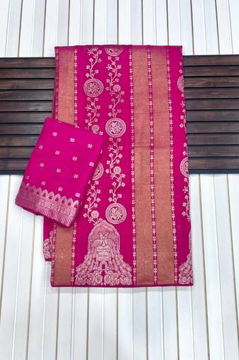 Rani Pink Color Jari Jaqurad Weaving Chhinya Tisu Silk Blend Saree