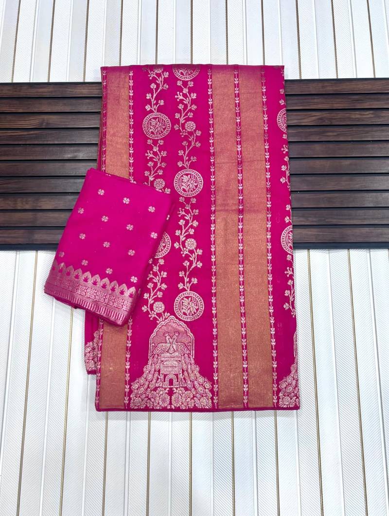 Rani Pink Color Jari Jaqurad Weaving Chhinya Tisu Silk Blend Saree