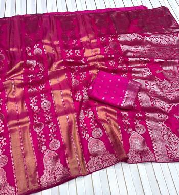 Rani Pink Color Jari Jaqurad Weaving Chhinya Tisu Silk Blend Saree 2