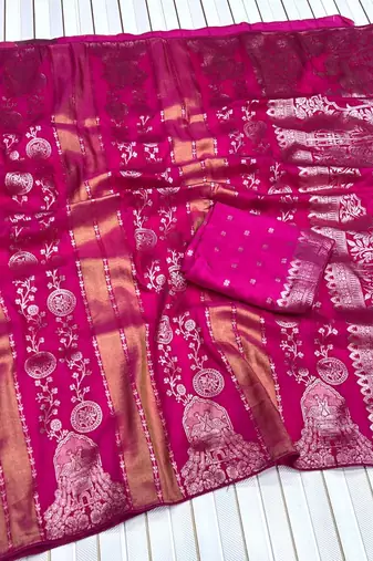 Rani Pink Color Jari Jaqurad Weaving Chhinya Tisu Silk Blend Saree