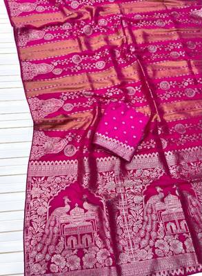 Rani Pink Color Jari Jaqurad Weaving Chhinya Tisu Silk Blend Saree 3