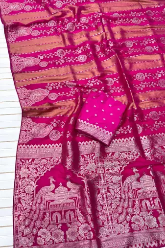 Rani Pink Color Jari Jaqurad Weaving Chhinya Tisu Silk Blend Saree