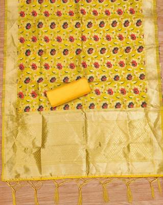 Yellow soft silk blend silk pure zari woven dress material 4