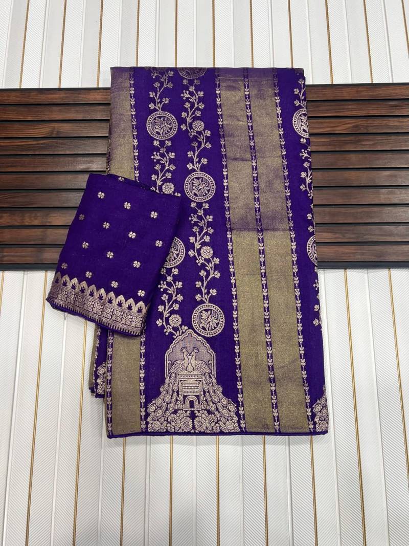 Purple Color Jari Jaqurad Weaving Chhinya Tisu Silk Blend Saree