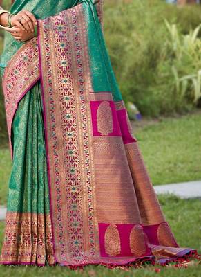 sea_green sea green new exclusive banarasi silk blend saree with unstitched blouse piece 2