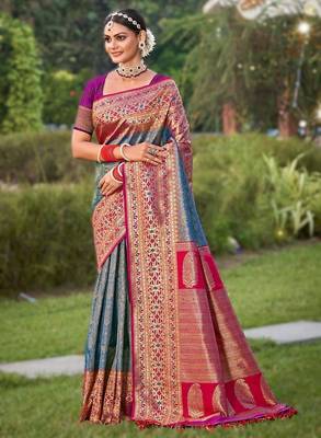 Blue new exclusive banarasi silk blend saree with unstitched blouse piece 1