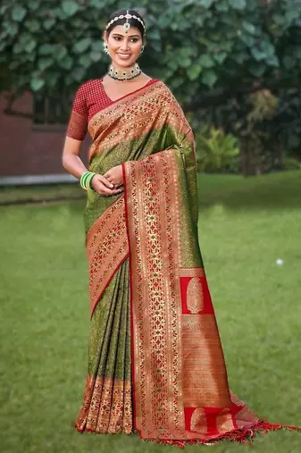 Mehendi new exclusive banarasi silk saree with unstitched blouse piece