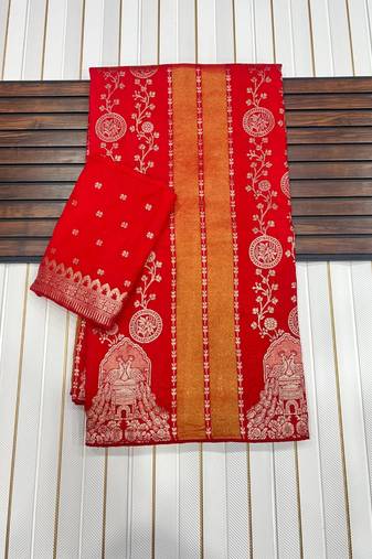 Red Color Jari Jaqurad Weaving Chhinya Tisu Silk Blend Saree