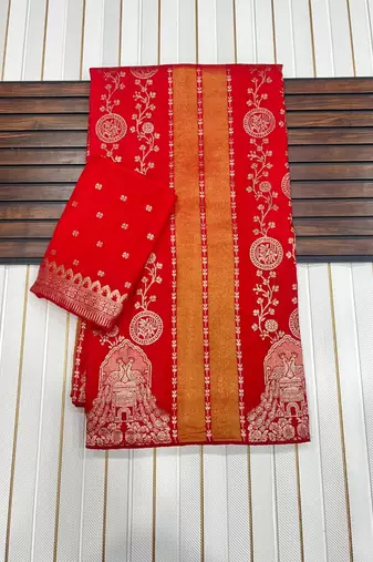 Red Color Jari Jaqurad Weaving Chhinya Tisu Silk Blend Saree