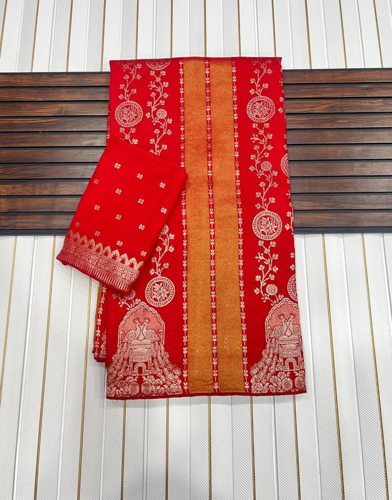 Red Color Jari Jaqurad Weaving Chhinya Tisu Silk Blend Saree