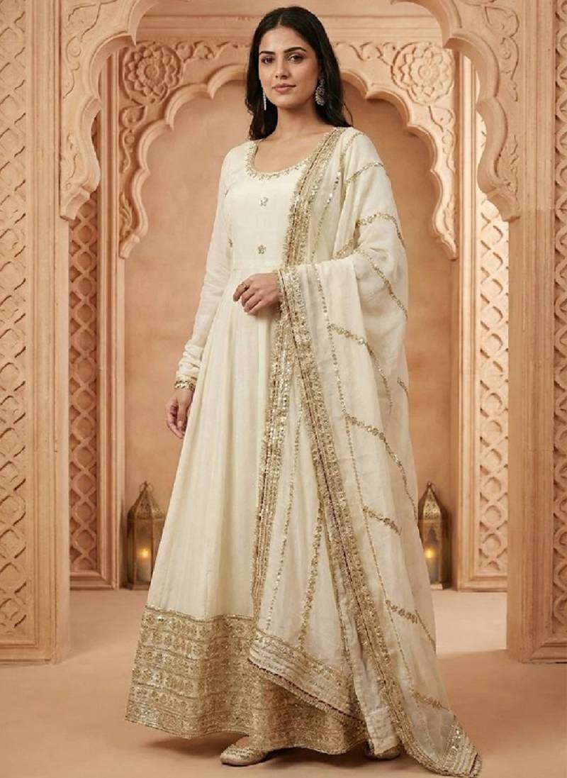 Off white chinon silk   party wear embroidery  suit set