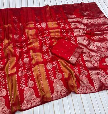 Red Color Jari Jaqurad Weaving Chhinya Tisu Silk Blend Saree 2