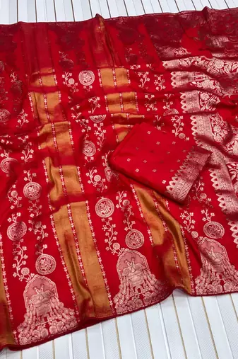 Red Color Jari Jaqurad Weaving Chhinya Tisu Silk Blend Saree