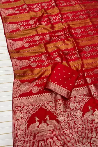 Red Color Jari Jaqurad Weaving Chhinya Tisu Silk Blend Saree