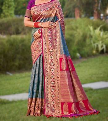 Blue new exclusive banarasi silk blend saree with unstitched blouse piece 2