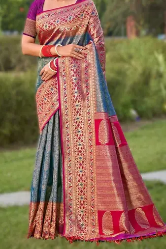 Blue new exclusive banarasi silk blend saree with unstitched blouse piece