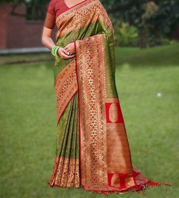 Mehendi new exclusive banarasi silk blend saree with unstitched blouse piece 3