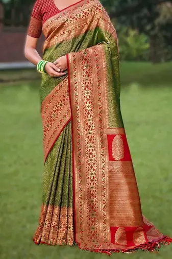 Mehendi new exclusive banarasi silk blend saree with unstitched blouse piece